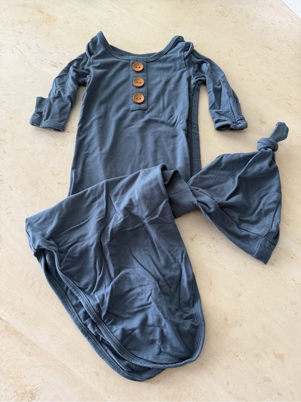 Solid Steel Blue Bamboo Baby Knot Gown & Hat